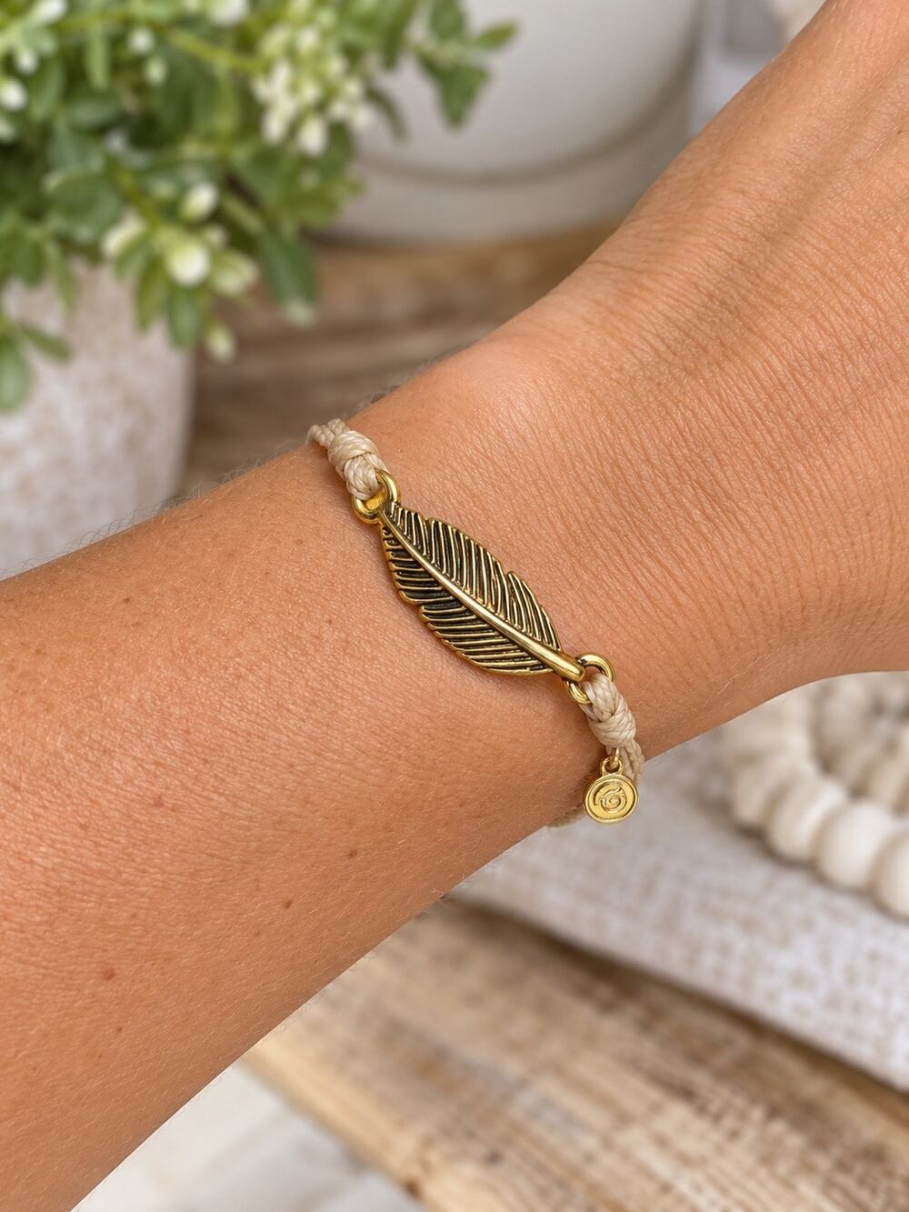 Pura Vida Gold Feather Charm Cream Cord Adjustable Boho Bracelet